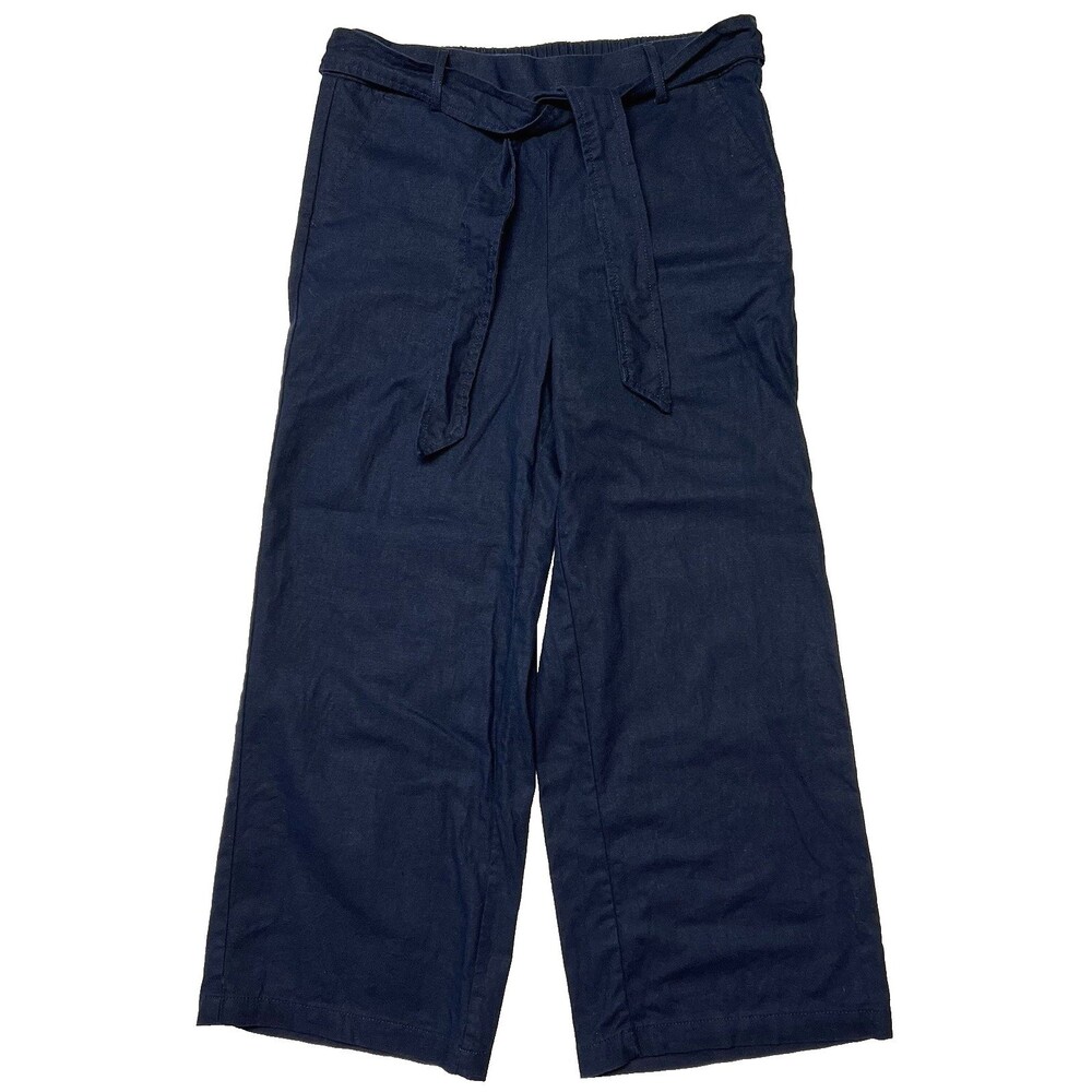 J Crew Women's Wide Leg Linen Cotton Pants Belted L7041 Size 10 Navy Blue